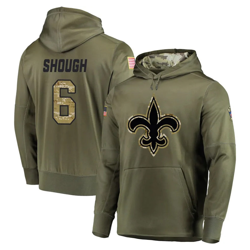 Kieara NO.Saints #6 Tyler Shough Player Olive Salute to Service Pullover Hoodies Home Game Stitched Jerseys