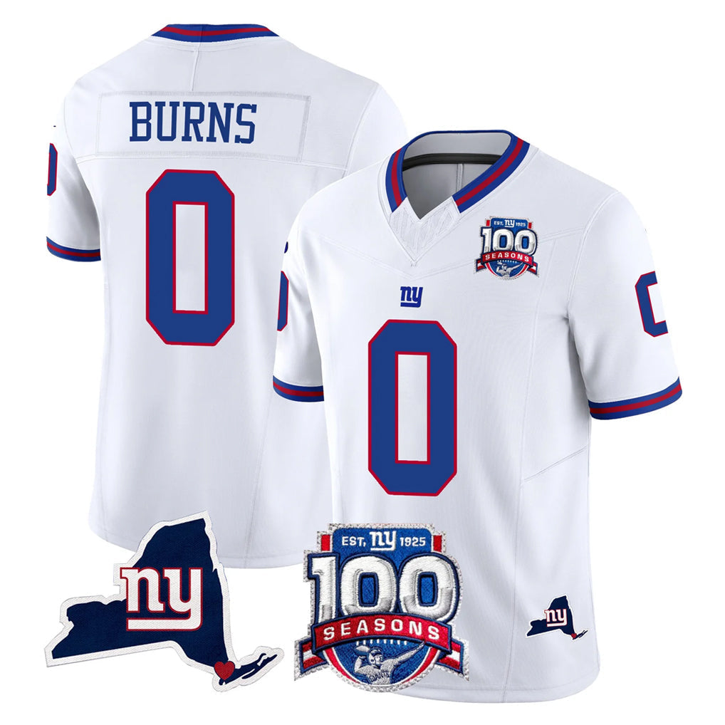 Kieara NY.Giants #0 Brian Burns Player White 100th Season & State Patch Vapor Limited Home Game Stitched Jerseys