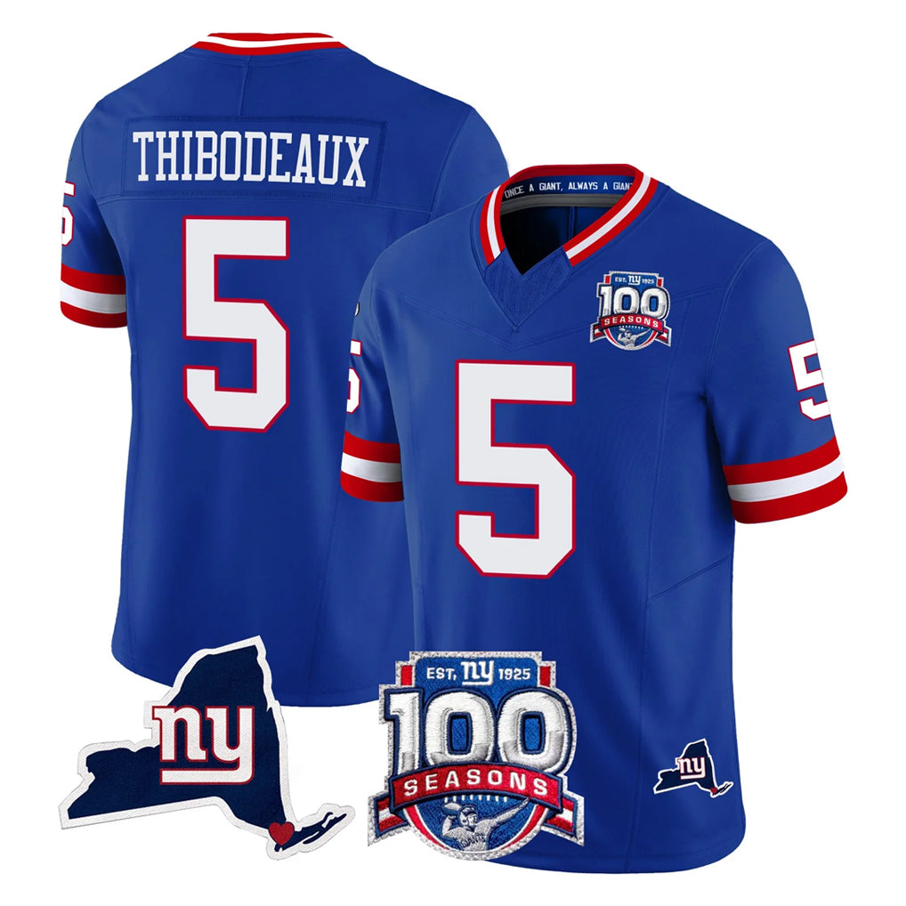 Kieara NY.Giants #5 Kayvon Thibodeaux Player Royal 100th Season & State Patch Vapor Limited Home Game Stitched Jerseys
