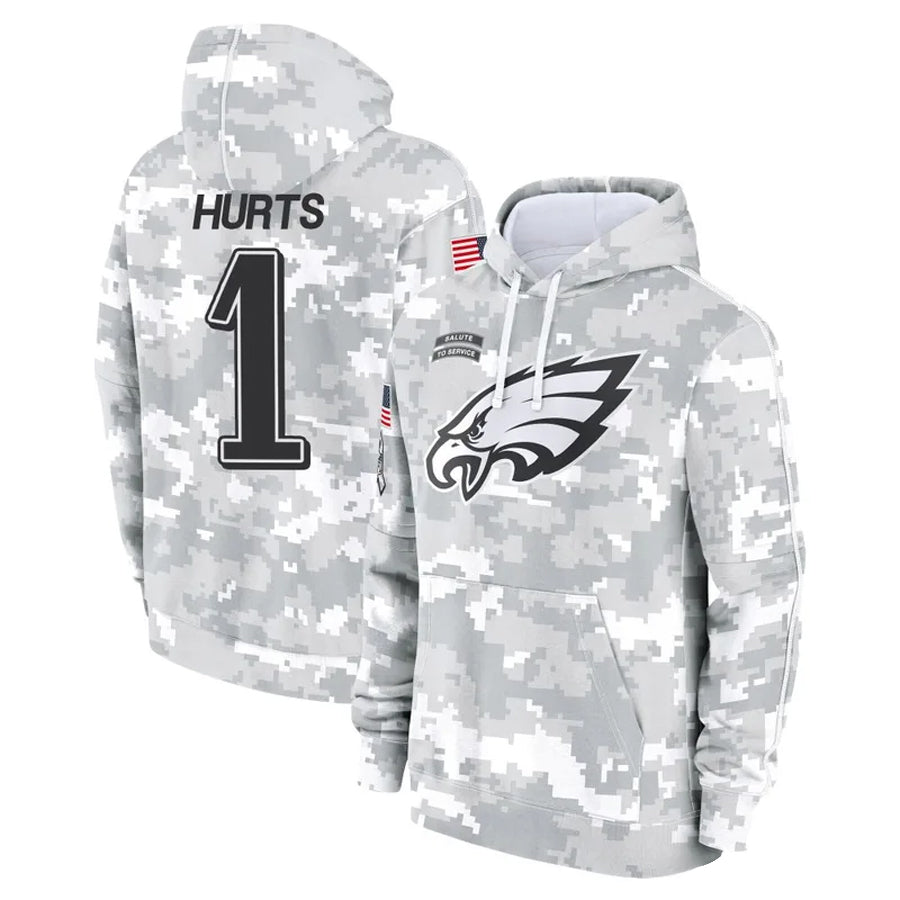 Kieara P.Eagles #1 Jalen Hurts Player Military Hoodie Arctic Camo Salute To Service Stitched Jerseys