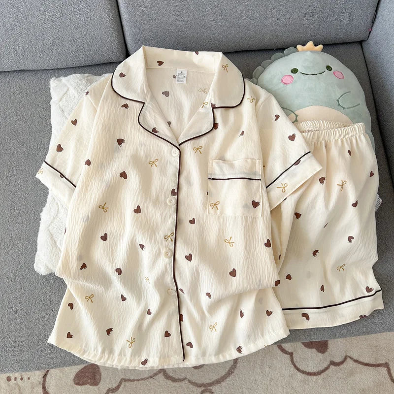 2 Summer Short-Sleeve Cloud Cotton Pajama Set for Women, Comfortable and Trendy, Shorts Suitable for Wearing Outside, Home Wear