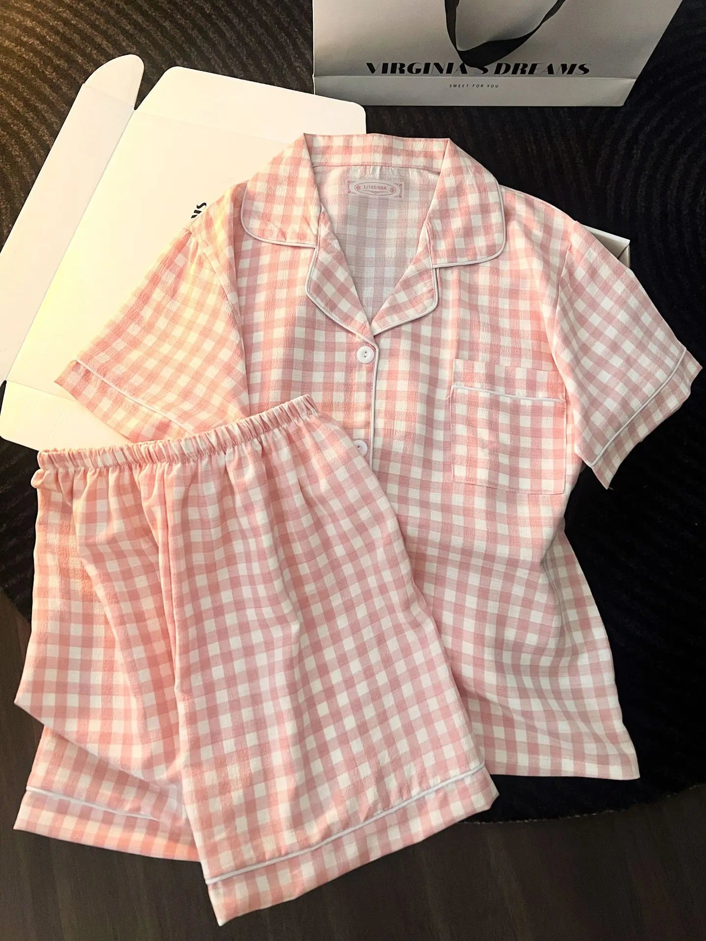 Korean Version Women's Pajamas Summer New Bubble Cotton Short-Sleeve Shorts Plaid Simple Loose Cute Home Wear Summer Clothing