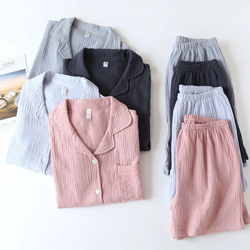 Cotton double-layer gauze Washed crepe fabric Short sleeved shorts Pajama set for women Collar plus size home clothing