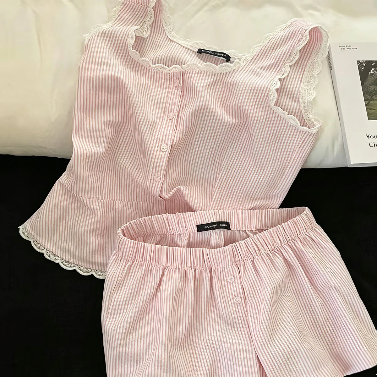 Summer Stripe Sleepwear Women Home Clothes Vest Set Lace Trim Cotton Sleeveless Round Neck Tank Top Shorts 2 Piece Pajamas Home