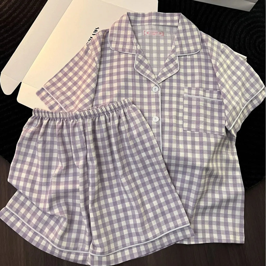 Korean Version Women's Pajamas Summer New Bubble Cotton Short-Sleeve Shorts Plaid Simple Loose Cute Home Wear Summer Clothing