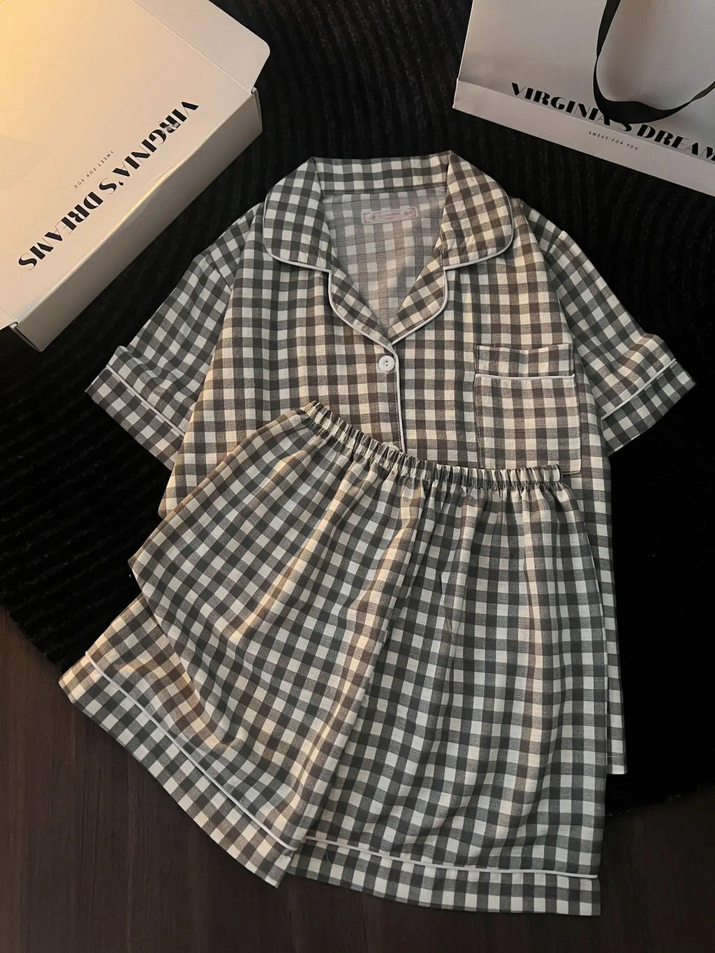 Korean Version Women's Pajamas Summer New Bubble Cotton Short-Sleeve Shorts Plaid Simple Loose Cute Home Wear Summer Clothing