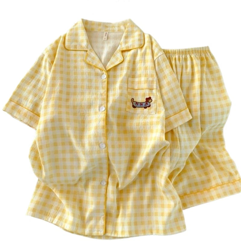 Y2K Embroidery Plaid Dachshund 2PC Set Women's Pajamas Sweet Cute Short Sleeve Shorts Pajamas Lapel Neck New Summer Homewear