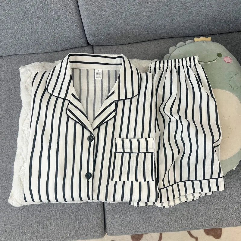 Women's Striped Short Sleeve Pajama Set Summer Lightweight Breathe Shorts Lounge Wear 2 Piece Set Casual Loose Sleepwear