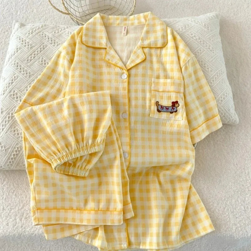 Y2K Embroidery Plaid Dachshund 2PC Set Women's Pajamas Sweet Cute Short Sleeve Shorts Pajamas Lapel Neck New Summer Homewear