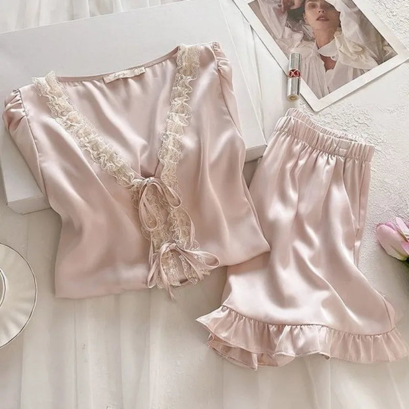 Women's Ice Silk Pajamas Set Lace Short Sleeve Top And Shorts Sleepwear 2 Piece Set For Women Pink Sweet Loungewear