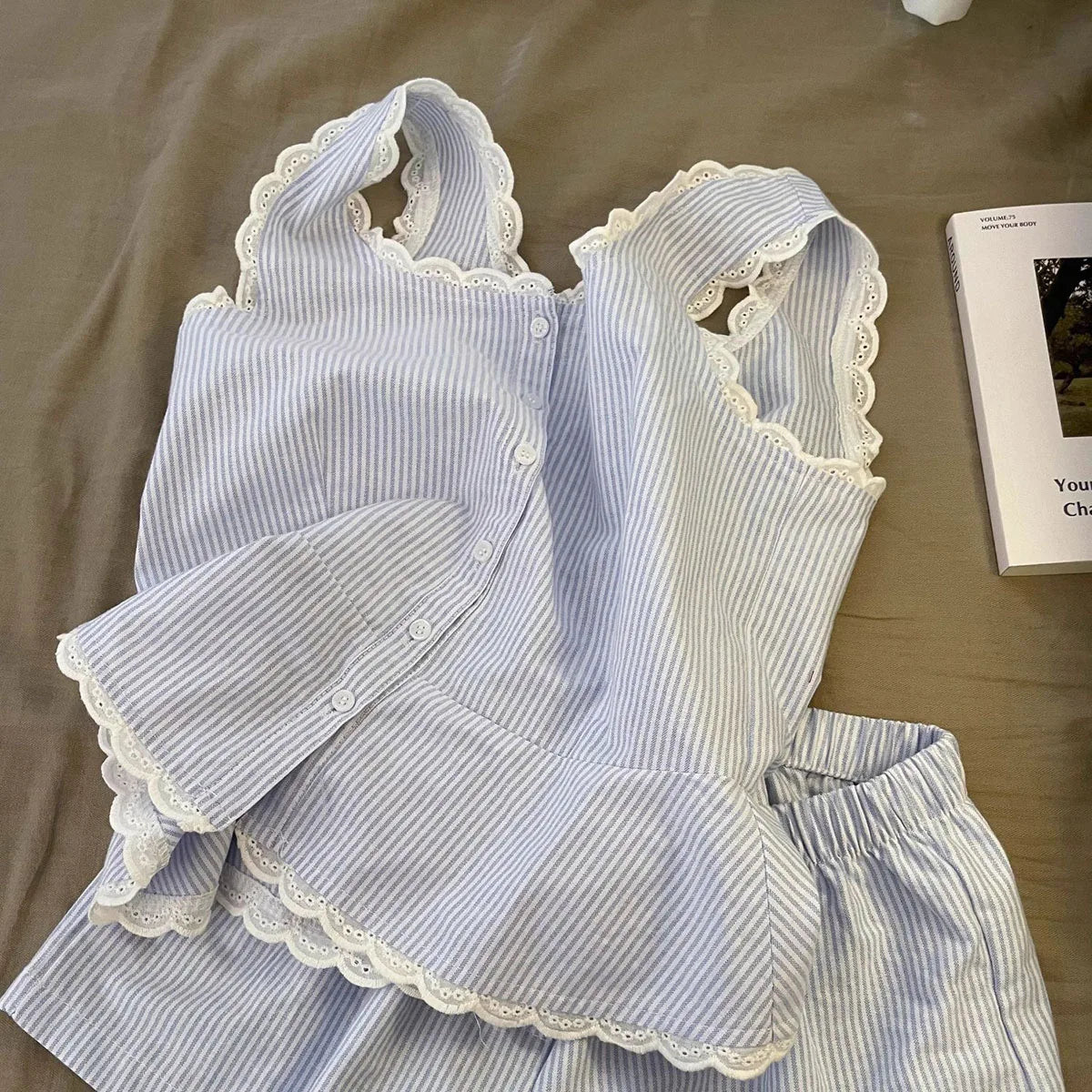 Summer Stripe Sleepwear Women Home Clothes Vest Set Lace Trim Cotton Sleeveless Round Neck Tank Top Shorts 2 Piece Pajamas Home