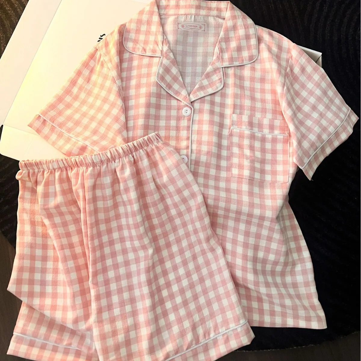 Korean Version Women's Pajamas Summer New Bubble Cotton Short-Sleeve Shorts Plaid Simple Loose Cute Home Wear Summer Clothing