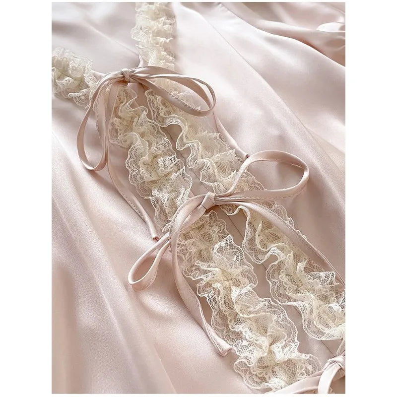Women's Ice Silk Pajamas Set Lace Short Sleeve Top And Shorts Sleepwear 2 Piece Set For Women Pink Sweet Loungewear