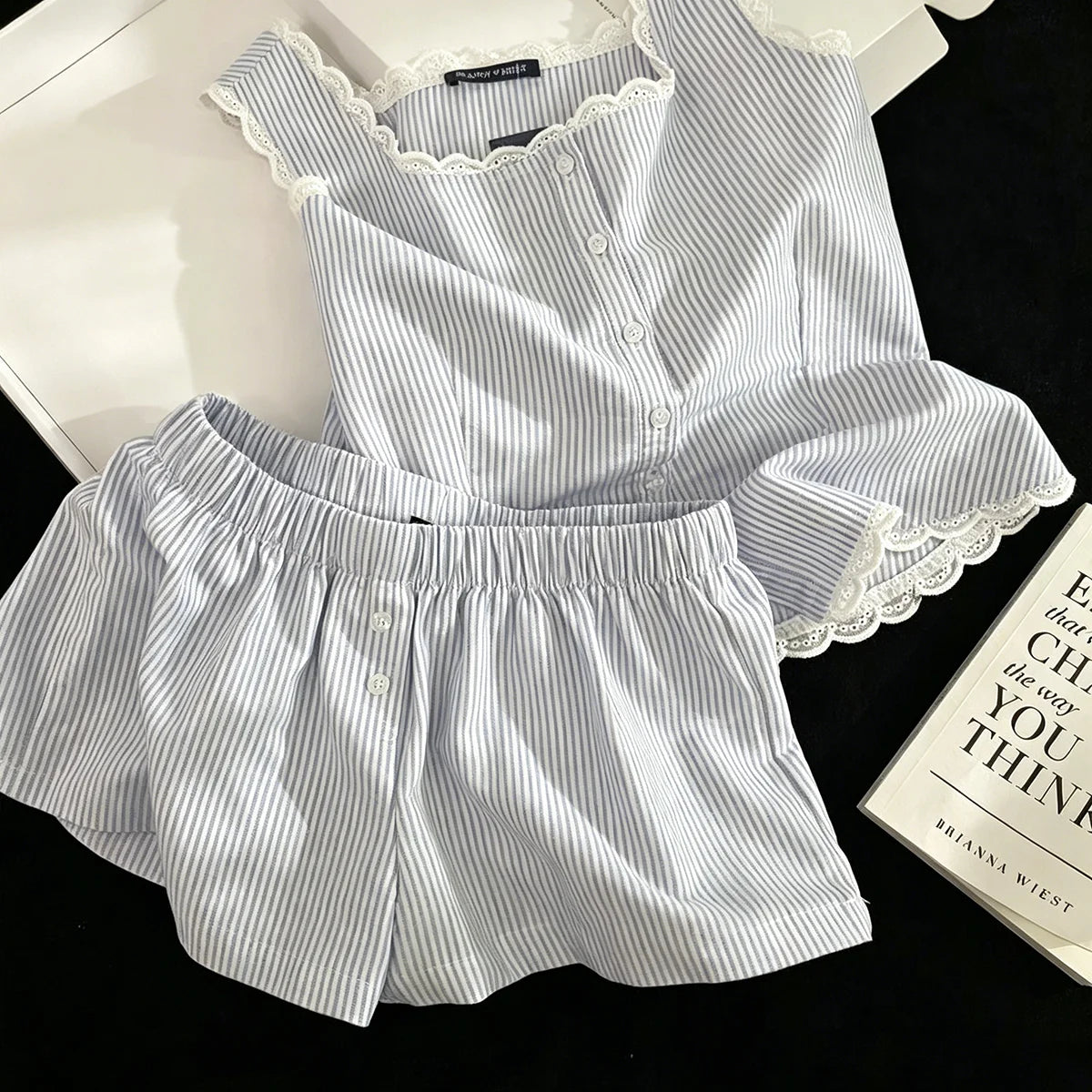 Summer Stripe Sleepwear Women Home Clothes Vest Set Lace Trim Cotton Sleeveless Round Neck Tank Top Shorts 2 Piece Pajamas Home