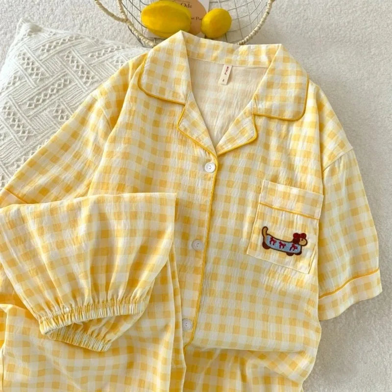 Y2K Embroidery Plaid Dachshund 2PC Set Women's Pajamas Sweet Cute Short Sleeve Shorts Pajamas Lapel Neck New Summer Homewear