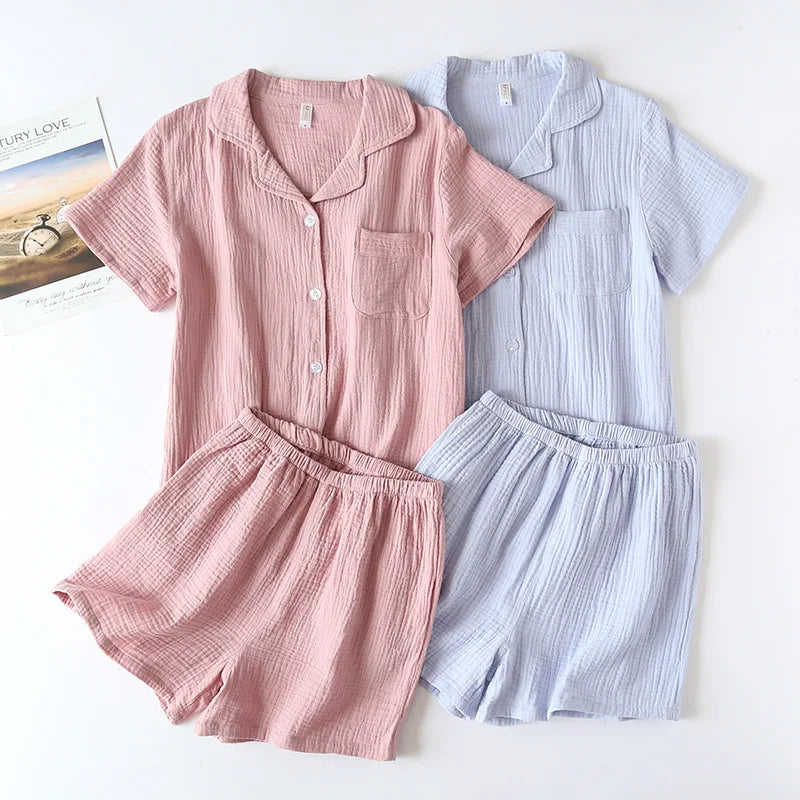 Cotton double-layer gauze Washed crepe fabric Short sleeved shorts Pajama set for women Collar plus size home clothing