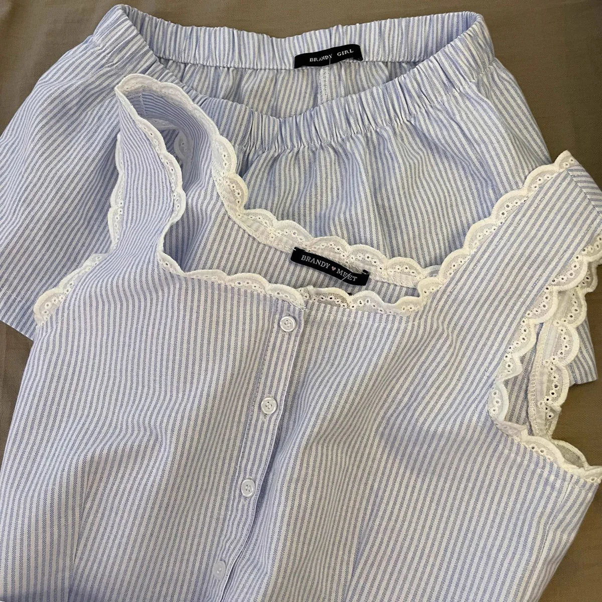 Summer Stripe Sleepwear Women Home Clothes Vest Set Lace Trim Cotton Sleeveless Round Neck Tank Top Shorts 2 Piece Pajamas Home