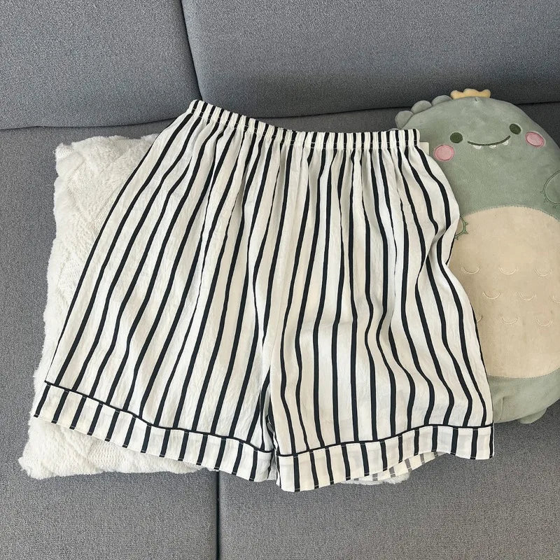 Women's Striped Short Sleeve Pajama Set Summer Lightweight Breathe Shorts Lounge Wear 2 Piece Set Casual Loose Sleepwear