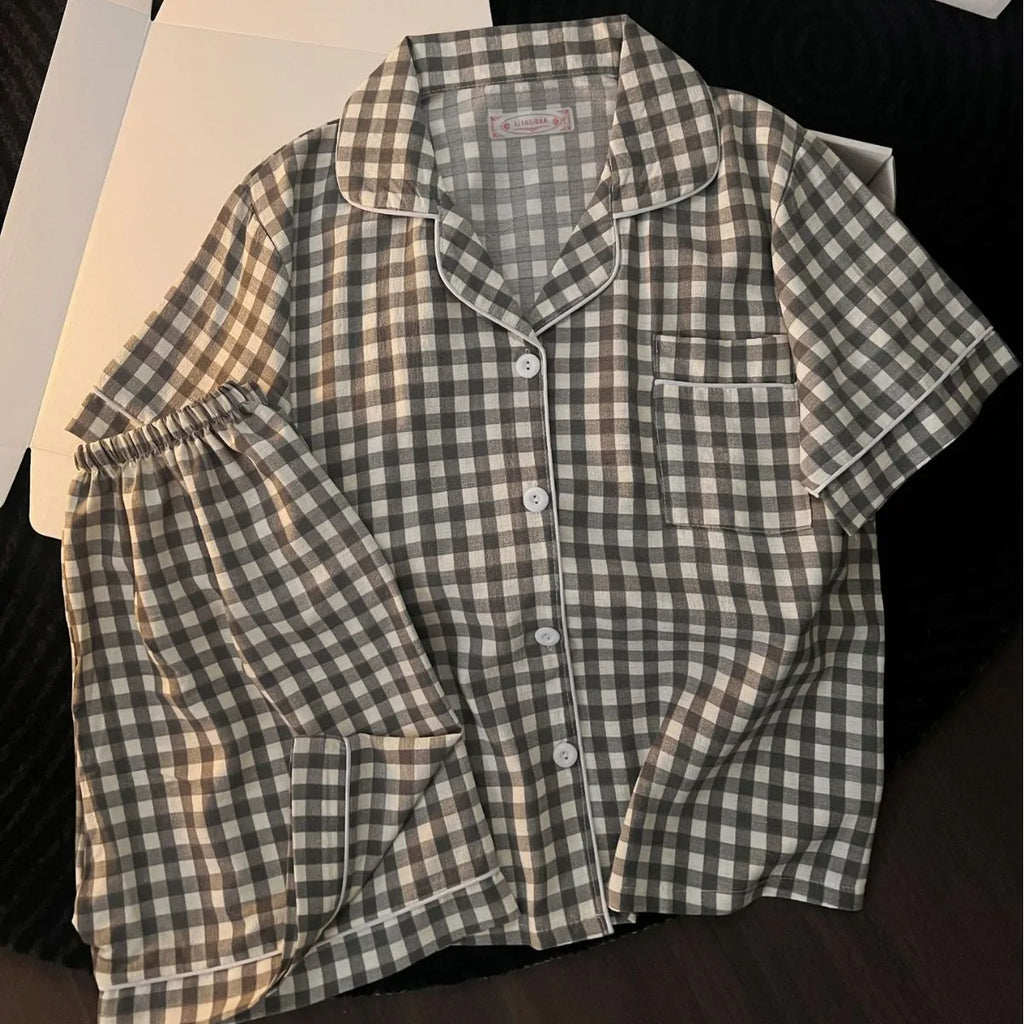 Korean Version Women's Pajamas Summer New Bubble Cotton Short-Sleeve Shorts Plaid Simple Loose Cute Home Wear Summer Clothing