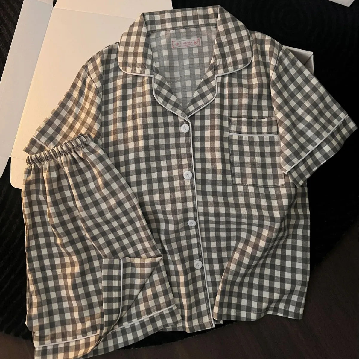 Korean Version Women's Pajamas Summer New Bubble Cotton Short-Sleeve Shorts Plaid Simple Loose Cute Home Wear Summer Clothing