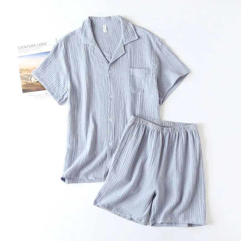 Cotton double-layer gauze Washed crepe fabric Short sleeved shorts Pajama set for women Collar plus size home clothing