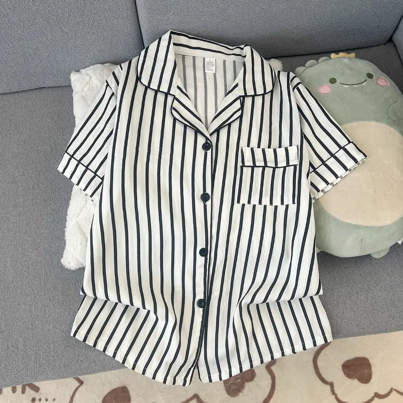 Women's Striped Short Sleeve Pajama Set Summer Lightweight Breathe Shorts Lounge Wear 2 Piece Set Casual Loose Sleepwear