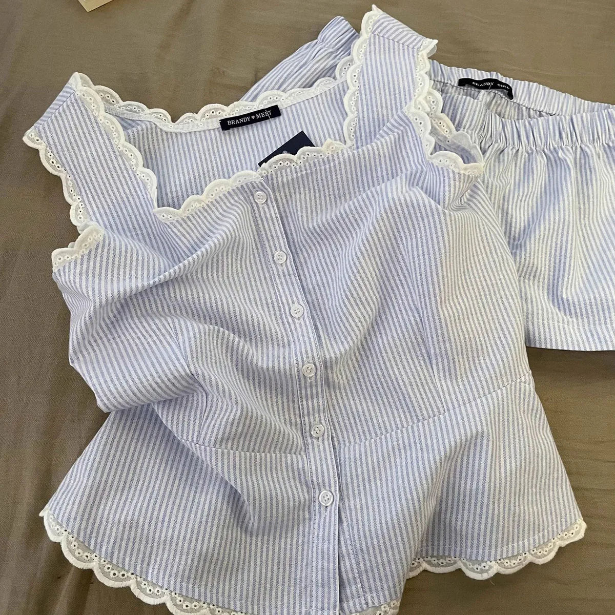 Summer Stripe Sleepwear Women Home Clothes Vest Set Lace Trim Cotton Sleeveless Round Neck Tank Top Shorts 2 Piece Pajamas Home
