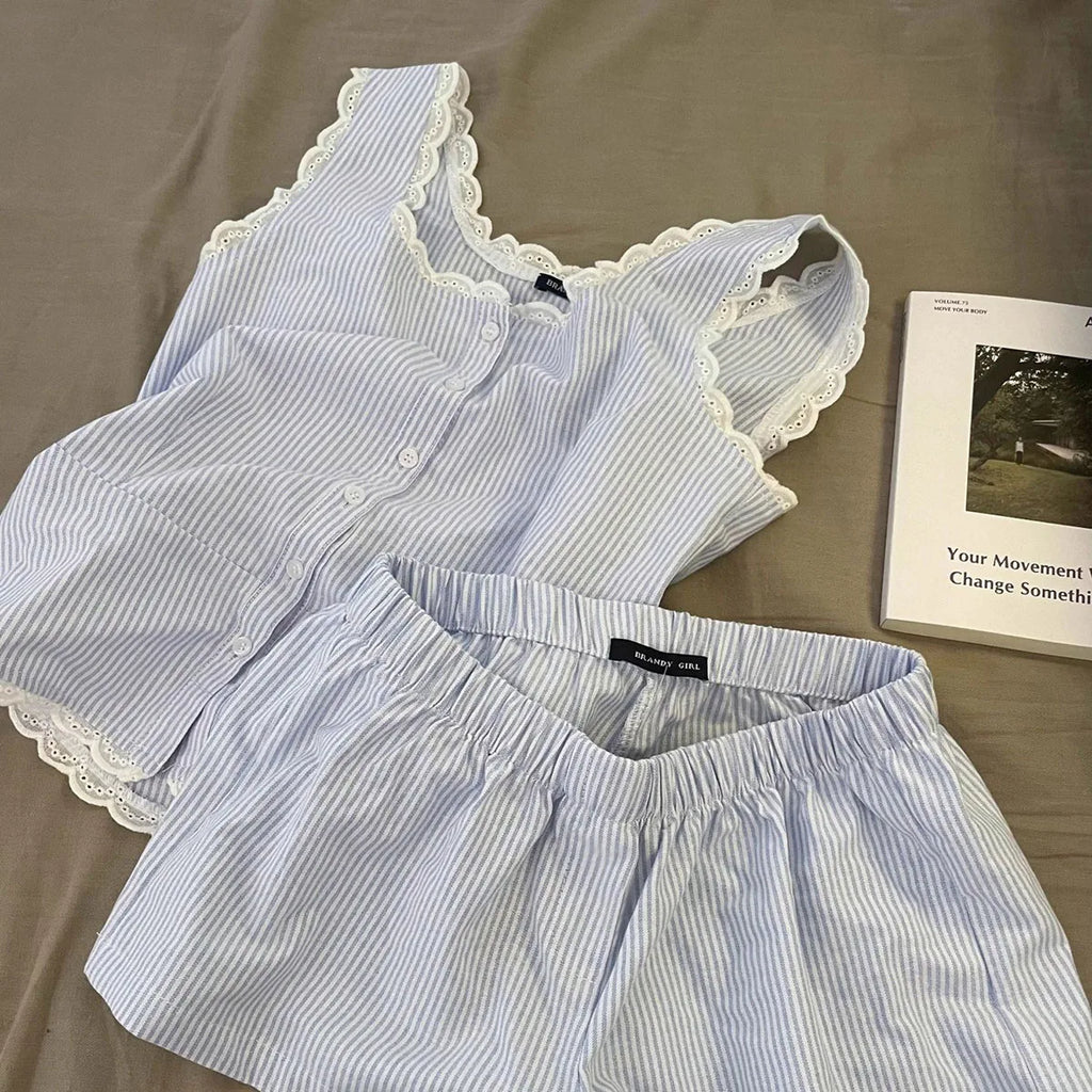 Summer Stripe Sleepwear Women Home Clothes Vest Set Lace Trim Cotton Sleeveless Round Neck Tank Top Shorts 2 Piece Pajamas Home