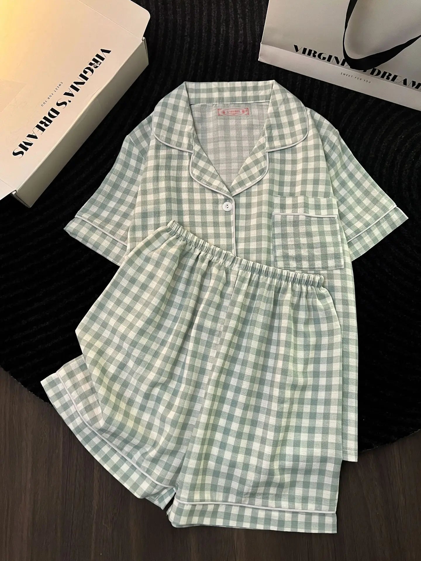 Korean Version Women's Pajamas Summer New Bubble Cotton Short-Sleeve Shorts Plaid Simple Loose Cute Home Wear Summer Clothing