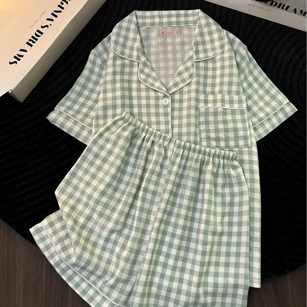 Korean Version Women's Pajamas Summer New Bubble Cotton Short-Sleeve Shorts Plaid Simple Loose Cute Home Wear Summer Clothing