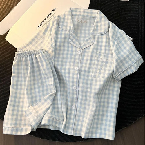 Korean Version Women's Pajamas Summer New Bubble Cotton Short-Sleeve Shorts Plaid Simple Loose Cute Home Wear Summer Clothing