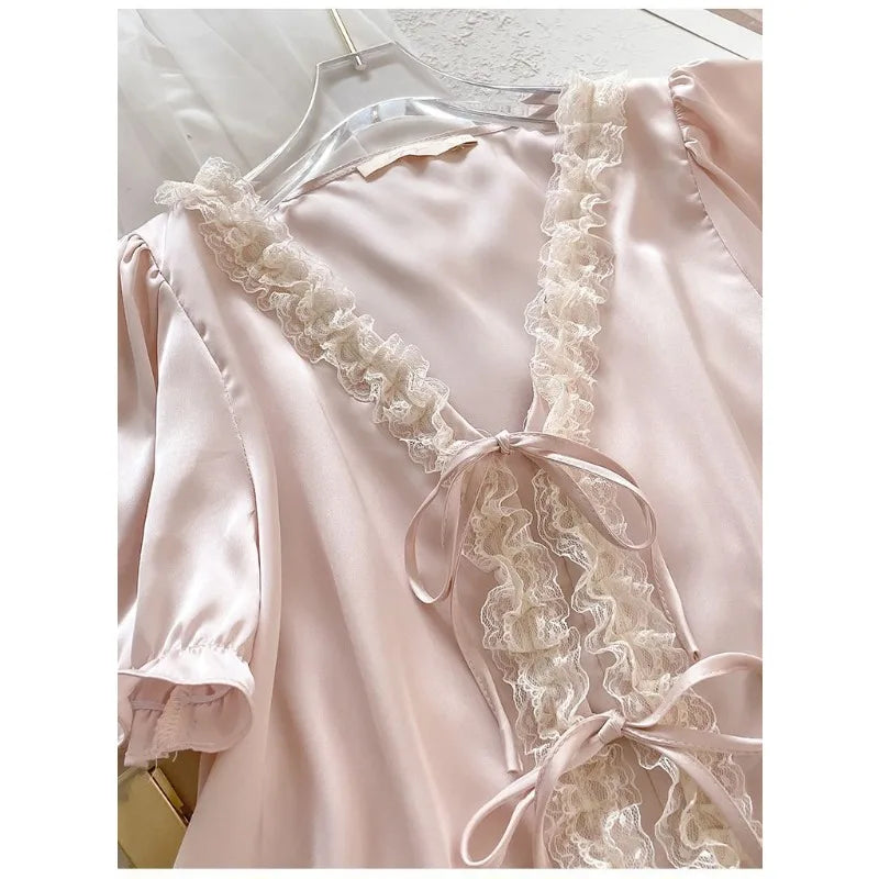 Women's Ice Silk Pajamas Set Lace Short Sleeve Top And Shorts Sleepwear 2 Piece Set For Women Pink Sweet Loungewear