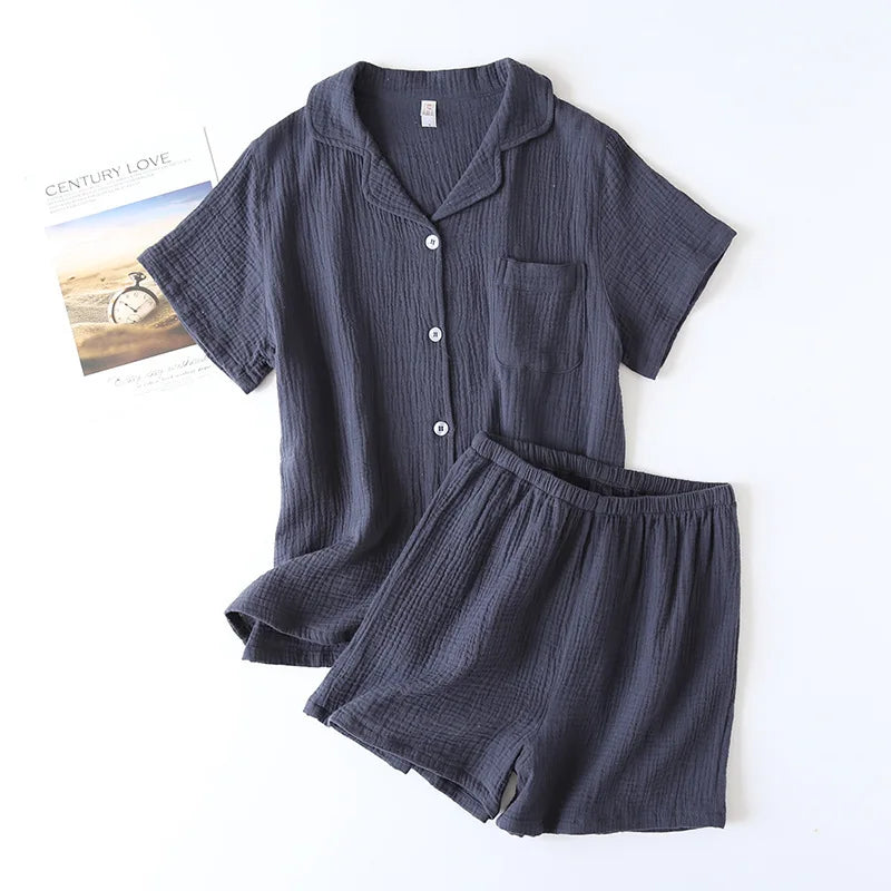 Cotton double-layer gauze Washed crepe fabric Short sleeved shorts Pajama set for women Collar plus size home clothing