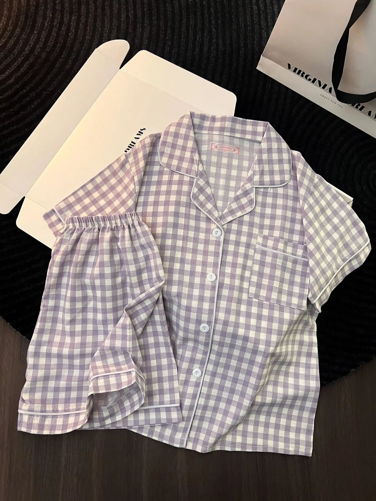 Korean Version Women's Pajamas Summer New Bubble Cotton Short-Sleeve Shorts Plaid Simple Loose Cute Home Wear Summer Clothing