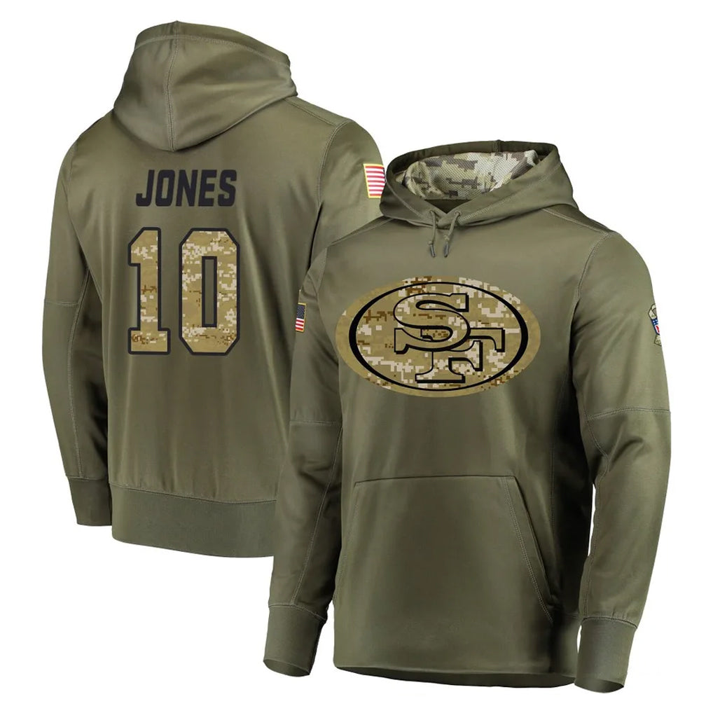 Kieara SF.49ers #10 Mac Jones Player Olive Salute to Service Pullover Hoodie Home Game Stitched Jerseys