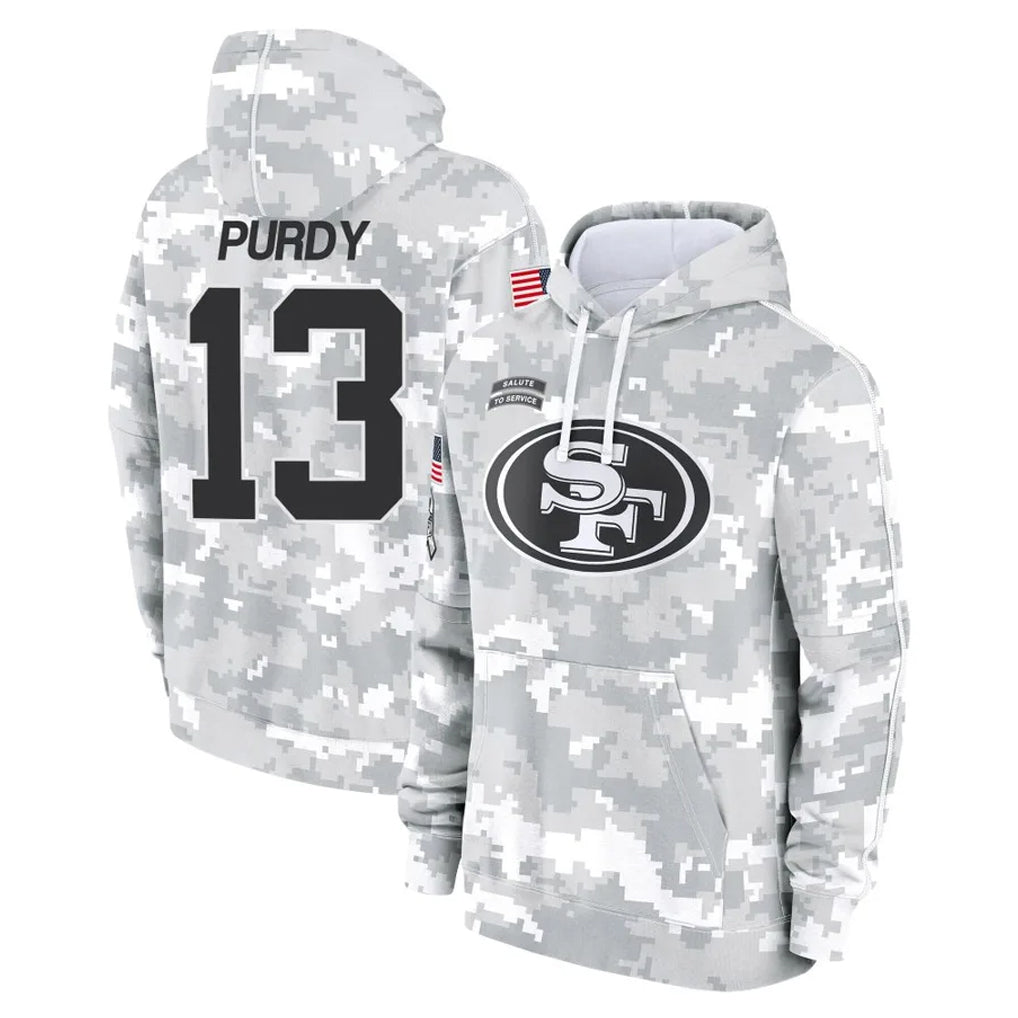 Kieara SF.49ers #13 Brock Purdy Player Arctic Camo Limited Salute to Service Pullover Hoodies Game Stitched Jerseys