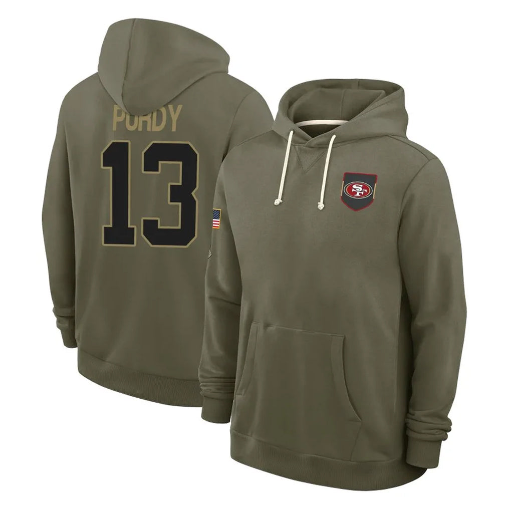 Kieara SF.49ers #13 Brock Purdy Player Olive Salute to Service Pullover Hoodies Limited Stitched Jerseys