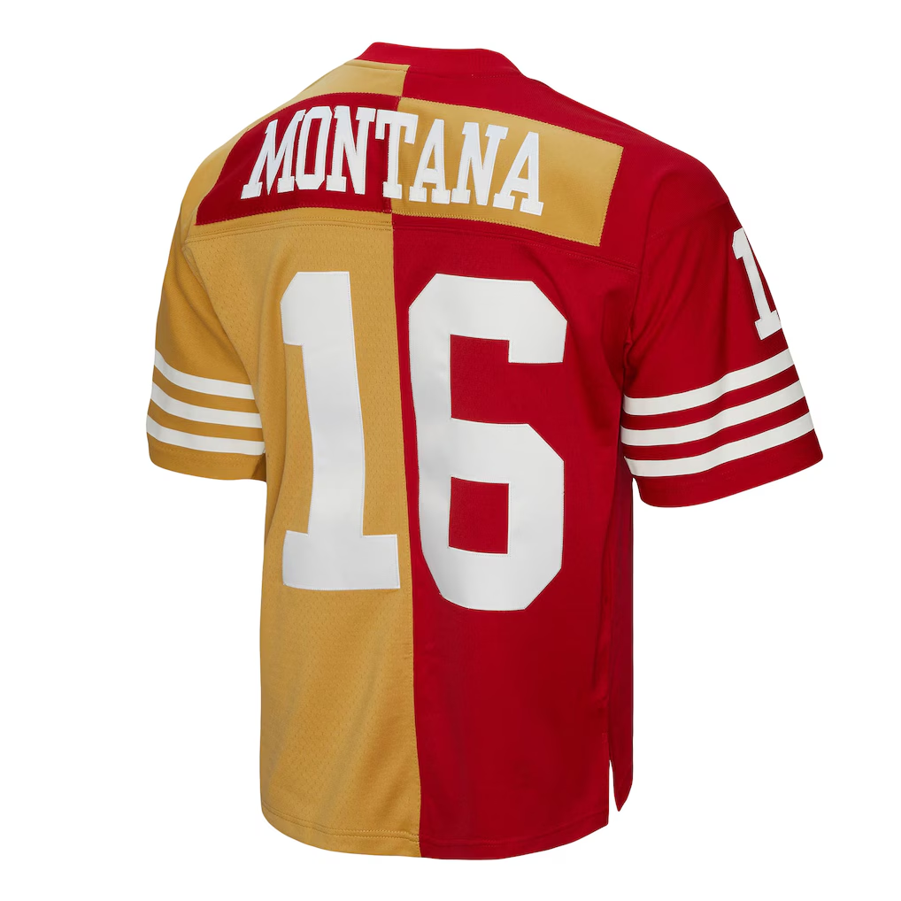 Kieara SF.49ers #16 Joe Montana Mitchell & Ness ScarletGold 1990 Split Legacy Replica Jersey