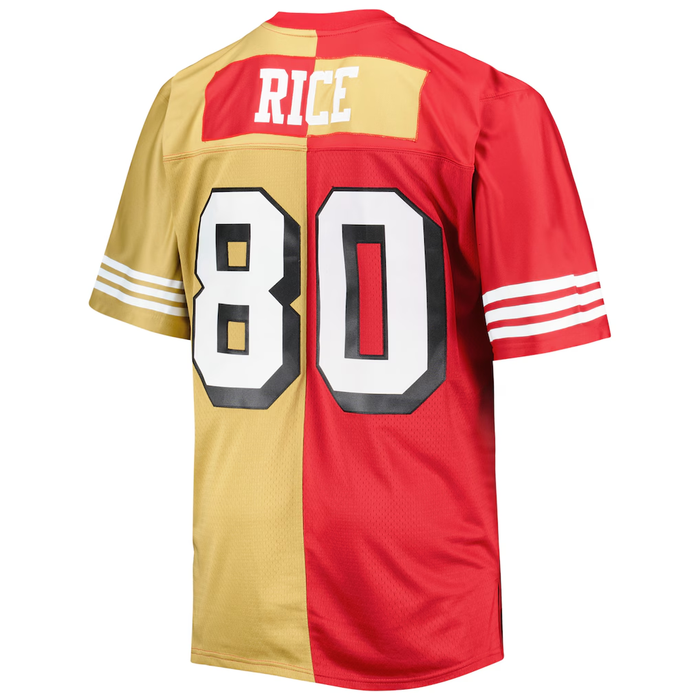 Kieara SF.49ers #80 Jerry Rice Mitchell & Ness ScarletGold Big & Tall Split Legacy Retired Player Replica Jersey