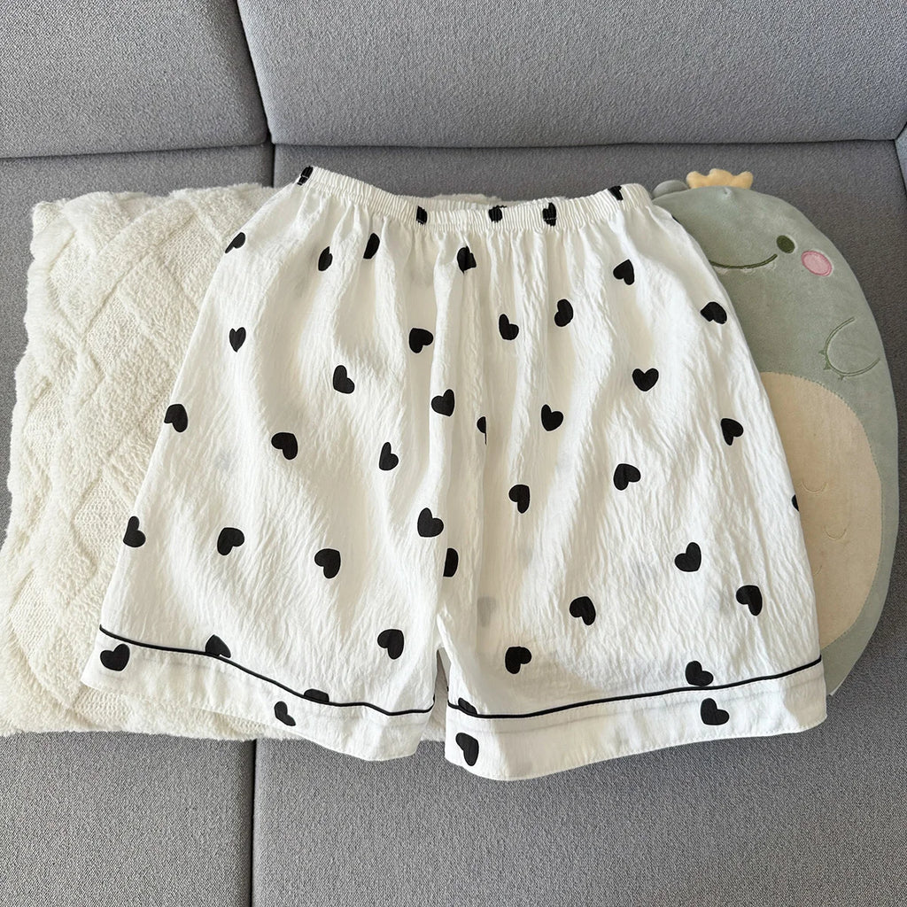 Women's Summer Thin Pajamas with Heart-Shaped Short Sleeves and Shorts, Sweet and Cute, Can Be Worn Outside in Summer, Two-Piece Home Wear Set