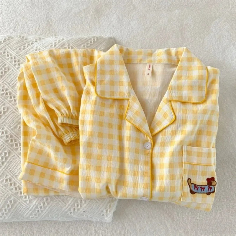Y2K Embroidery Plaid Dachshund 2PC Set Women's Pajamas Sweet Cute Short Sleeve Shorts Pajamas Lapel Neck New Summer Homewear