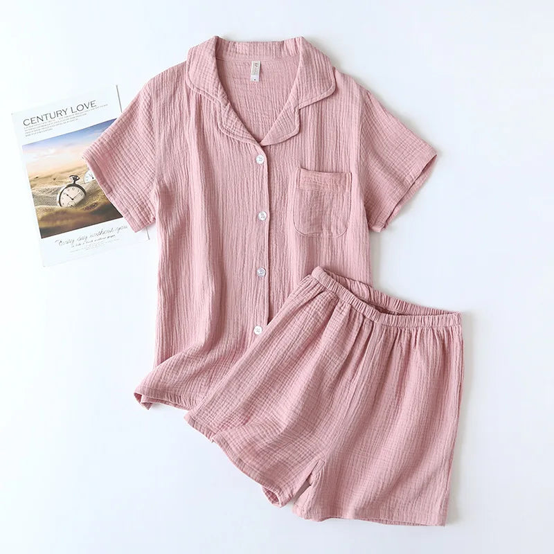 Cotton double-layer gauze Washed crepe fabric Short sleeved shorts Pajama set for women Collar plus size home clothing