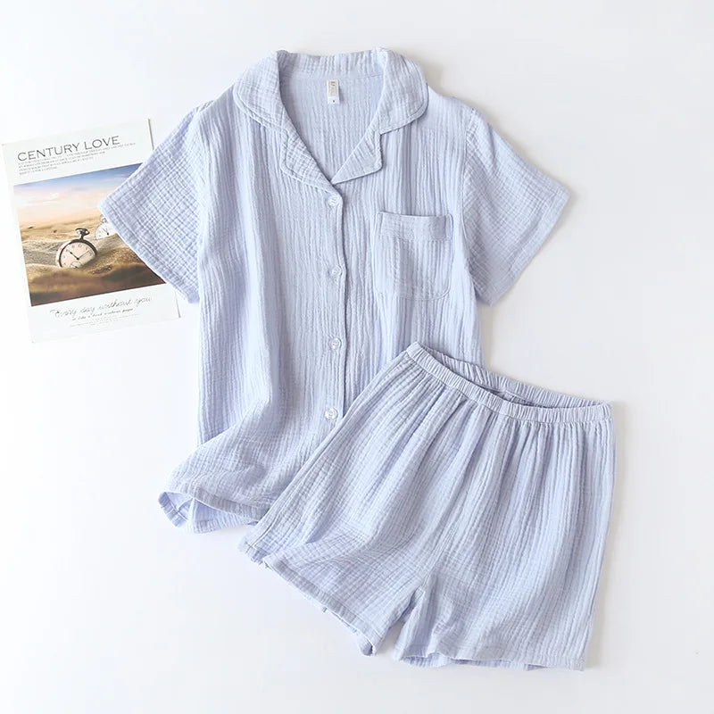 Cotton double-layer gauze Washed crepe fabric Short sleeved shorts Pajama set for women Collar plus size home clothing