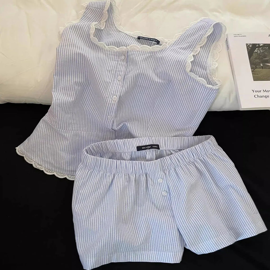 Summer Stripe Sleepwear Women Home Clothes Vest Set Lace Trim Cotton Sleeveless Round Neck Tank Top Shorts 2 Piece Pajamas Home