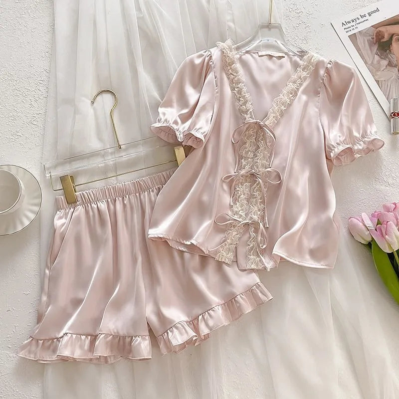 Women's Ice Silk Pajamas Set Lace Short Sleeve Top And Shorts Sleepwear 2 Piece Set For Women Pink Sweet Loungewear