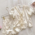 Women's Ice Silk Pajamas Set Lace Short Sleeve Top And Shorts Sleepwear 2 Piece Set For Women Pink Sweet Loungewear