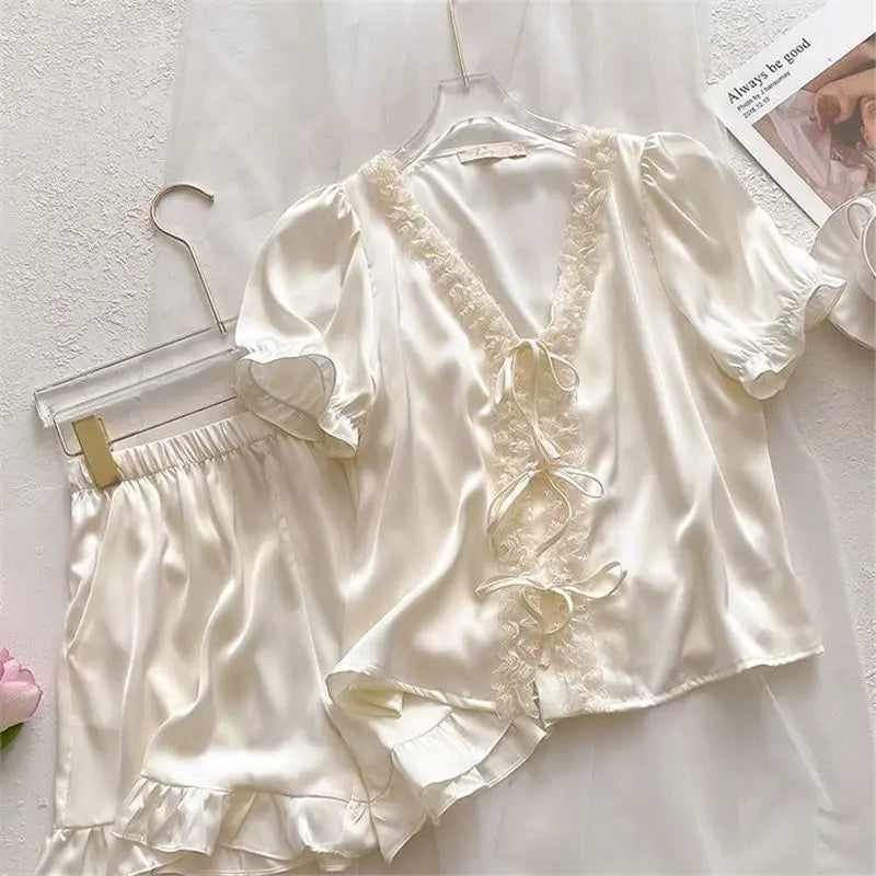 Women's Ice Silk Pajamas Set Lace Short Sleeve Top And Shorts Sleepwear 2 Piece Set For Women Pink Sweet Loungewear