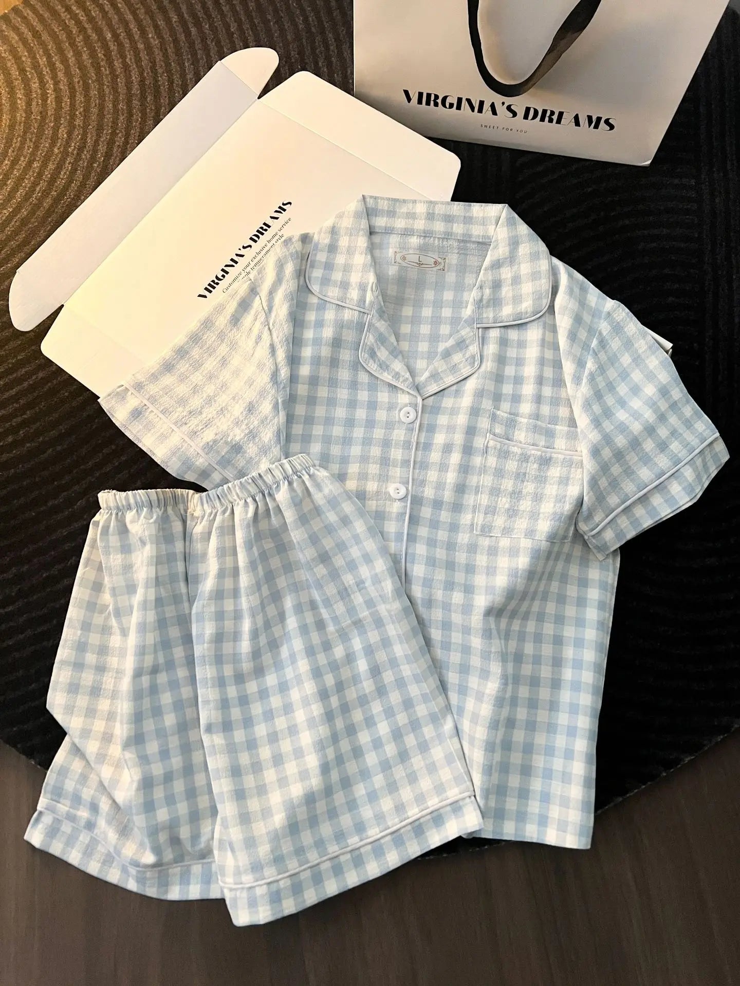 Korean Version Women's Pajamas Summer New Bubble Cotton Short-Sleeve Shorts Plaid Simple Loose Cute Home Wear Summer Clothing