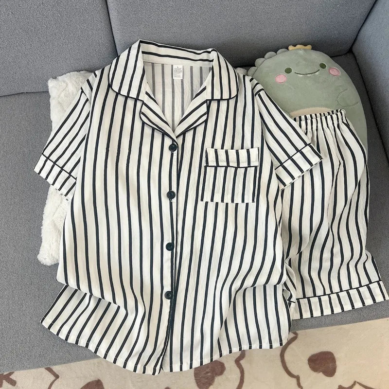 Women's Striped Short Sleeve Pajama Set Summer Lightweight Breathe Shorts Lounge Wear 2 Piece Set Casual Loose Sleepwear