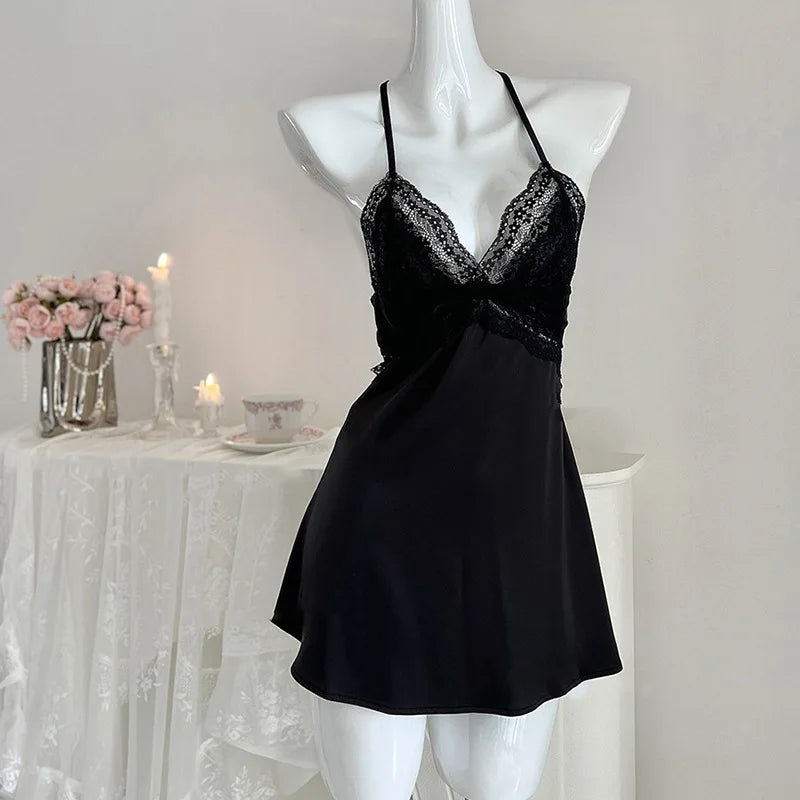 Pure lust sexy lace court style princess suspender nightdress summer satin backless pajamas